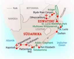 Südafrika-Rundreise und Königreich Swasiland Eswatini - Route