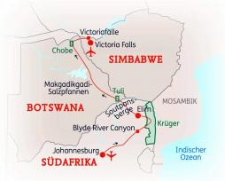 Südafrika-Botswana-Rundreise und Victoria Fälle - Route
