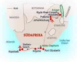 Südafrika-Rundreise zwischen Krügerpark und Kapstadt - Route