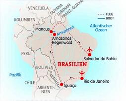 Brasilien-Rundreise Rio - Iguassu - Amazonas - Salvador - Route