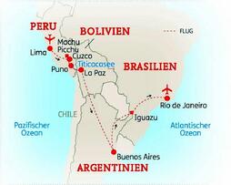 Südamerika-Rundreise Peru - Bolivien - Argentinien - Brasilien (Route)