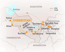 Usbekistan-Rundreise Chiwa - Buchara - Samarkand - Ferghanatal - Routenkarte