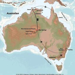Australien-Rundreise Sydney Darwin und Wüstenzug Ghan - Route