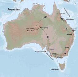 Australien-Rundreise Sydney - Alice Springs - Brisbane - Routenkarte