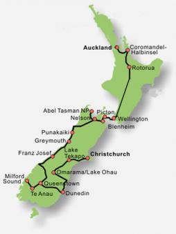 Neuseeland-Rundreise mit Abel-Tasman-Nationalpark - Routenkarte