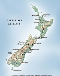 Neuseeland-Rundreise mit Zug Northern Explorer und Coastal Pacific - Route