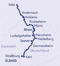 Rhein-Schiffsreise Köln - Straßburg - Köln (Route)